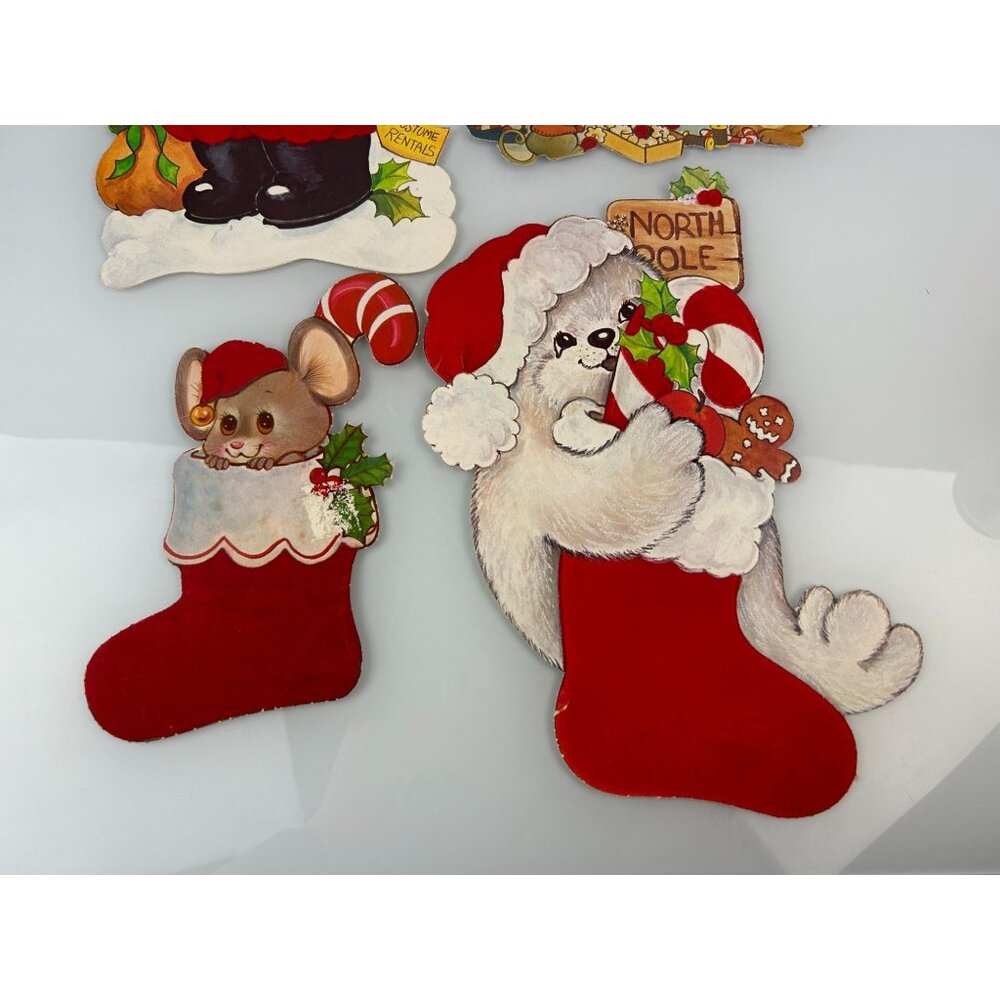 Vintage Christmas Red Velvet Accented Paper Cutout Decoration Mouse Elf Raccoon - Picture 3 of 16